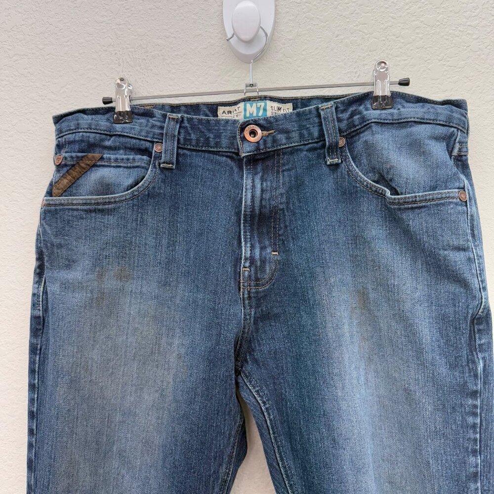 Ariat Legacy M7 Slim Fit Straight Leg Distressed Denim Blue Jeans Mens sz 38x30 - Picture 3 of 7